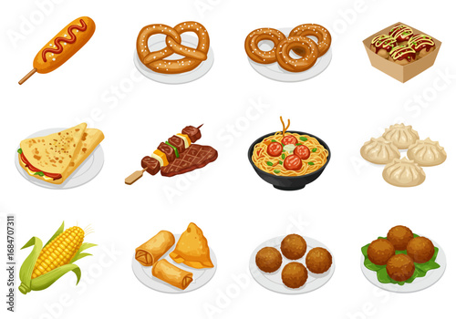 The image showcases twelve plates of various foods ranging from corn dogs to pasta