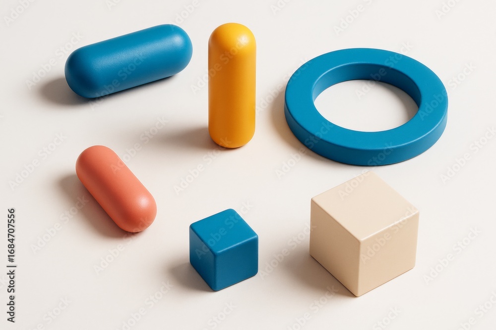 Obraz premium Abstract colorful geometric objects in minimal composition on a light background, showcasing shapes and creative design in graphic style. Ai generative