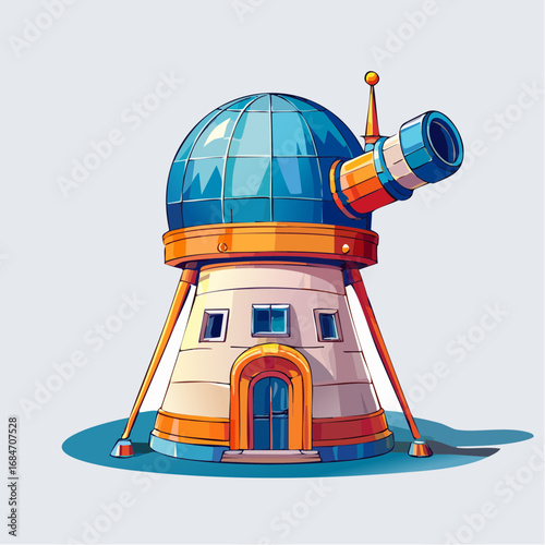 A charming cartoon astronomical observatory with a large blue dome and a powerful telescope, designed for stargazing and space exploration