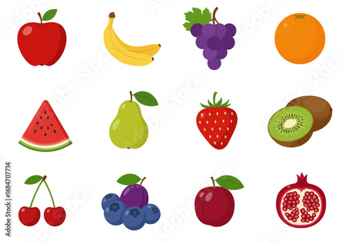 Twelve fruit illustrations are arranged in a grid including apple banana grapes orange watermelon pear strawberry kiwi cherries blueberries plum and pomegranate