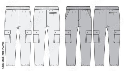 Fashion CAD Template of Utility Cargo Jogger. Cargo Jogger Pants Flat Sketch Vector with Side Pockets. Unisex Elastic Waist Cargo Joggers Fashion Vector. Technical Fashion Drawing of Cargo Jogger Pant