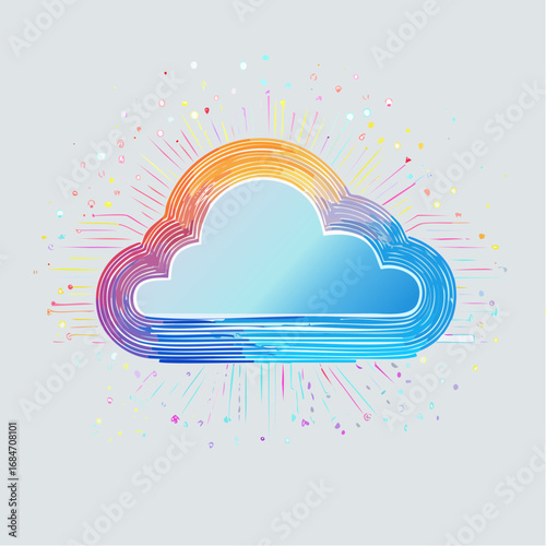 Futuristic illustration of a digital cloud symbol with radiant data streams, representing online networking and information technology concepts