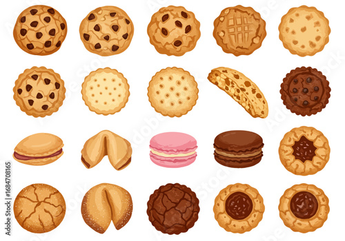 Twenty cookies of various types are arranged in five rows of four