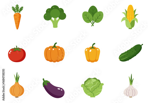 Variety of vibrant cartoon vegetables arranged in orderly rows