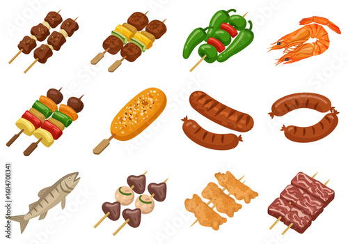 Various foods kebabs shrimp sausage fish corndog and beef displayed on a white background