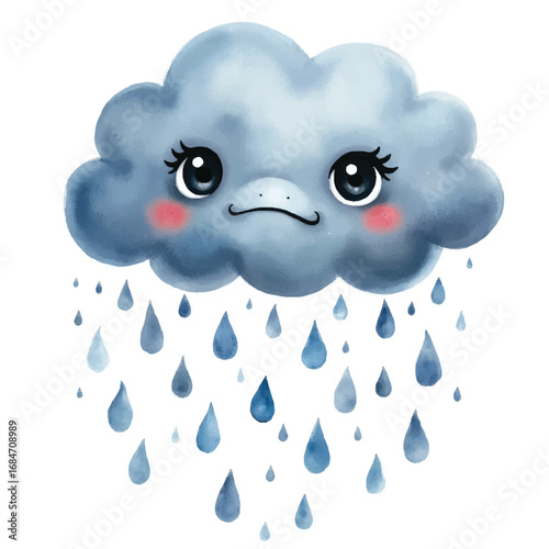 Sad cartoon rain cloud with raindrops illustration Watercolor Illustration