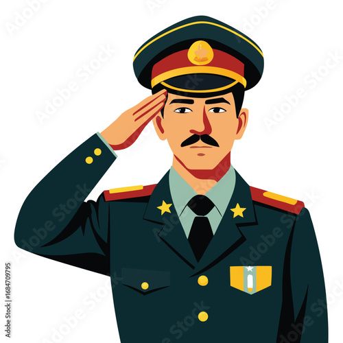 A man icon in a military uniform, saluting sharply, a disciplined and respectful character on a plain white background, for patriotism or service themes.
