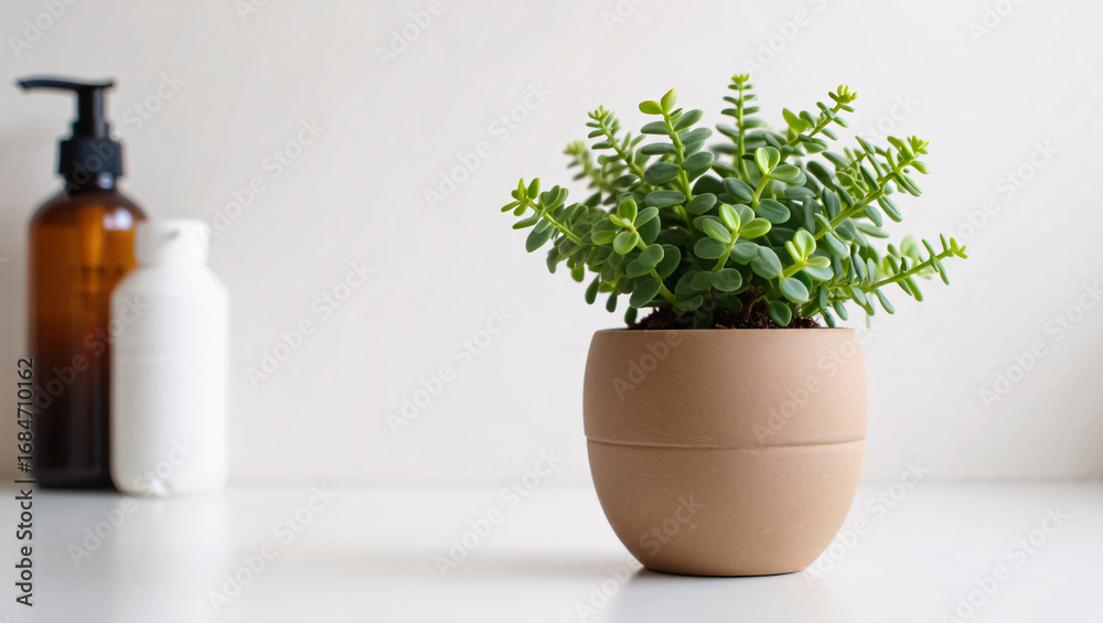 custom made wallpaper toronto digitalSmall Green Succulent Plant in Terracotta Pot with Dispenser Bottles potted plant leaves