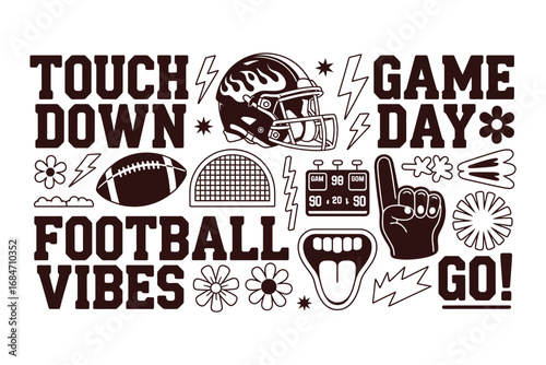 Touchdown Game Day – Football Helmet and Game Elements Illustration