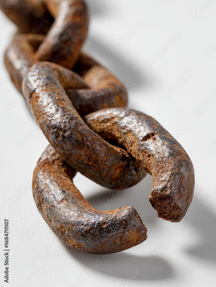 Fototapeta premium Close-up of a rusty metal chain on a white background.