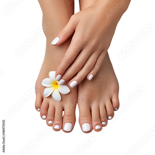 Close up of a woman s perfectly manicured feet and hands with white nail polish and a delicate white flower resting on her toes isolated on transparent background