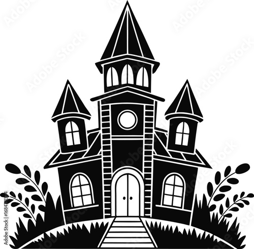 Vector art of spooky haunted mansion silhouette with arched windows and pointed roofs