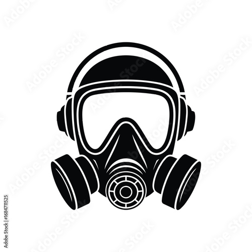 Stylized black and white illustration of a full face gas mask with filters on both sides