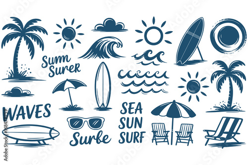 Blue Summer Beach Icons – Palm Trees, Waves, Surfboards, and Sun