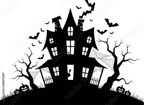 Spooky haunted mansion silhouette with bats and pumpkins on halloween night vector