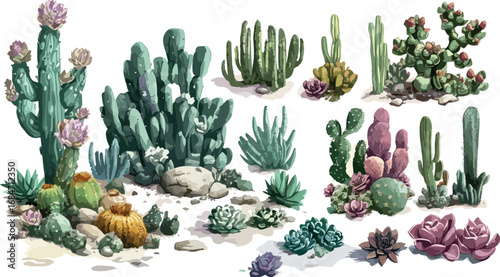 Diverse collection of desert cacti and succulents in various shapes and sizes on white background