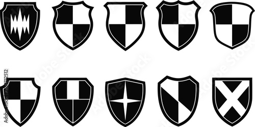 Heraldic Shield Set Ten Black & White Shields Coat of Arms Elements Isolated