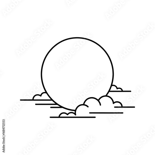 Minimalist line art illustration of a full moon rising above stylized clouds on a white background