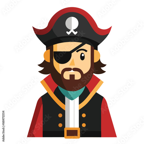 A man icon in a pirate outfit, with an eye patch and a sword, a classic and adventurous character on a plain white background, for history or fantasy.