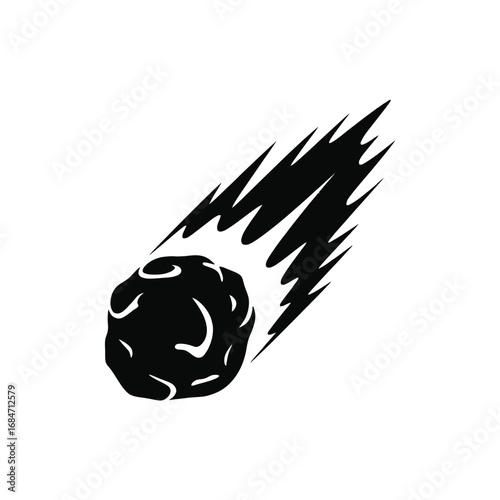 Black silhouette of a fiery meteor or comet streaking across a white background