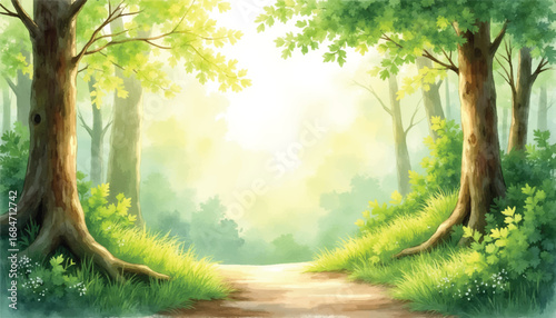 Watercolor forest landscape with trees and sunlight illustration