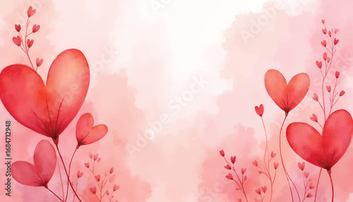 Watercolor heart flowers romantic background illustration