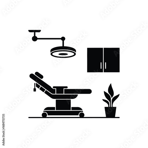 Modern medical examination chair with overhead surgical lamp and cabinet in a clean clinic room