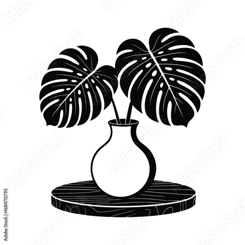 Monstera deliciosa leaves in a white ceramic vase on a textured surface
