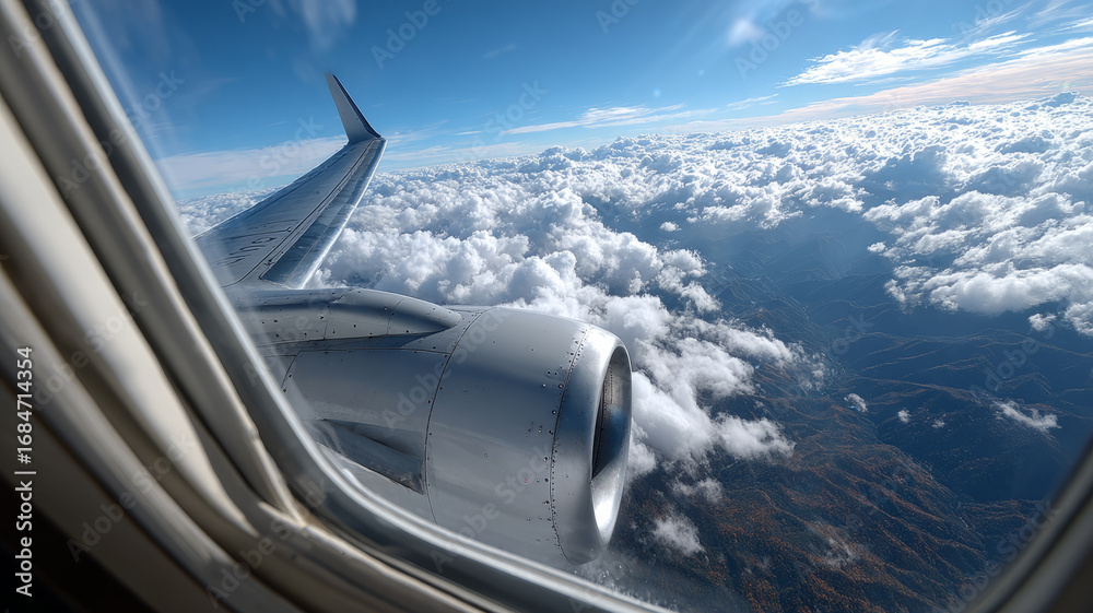 Fototapeta premium View from an airplane window showing clouds and wing.