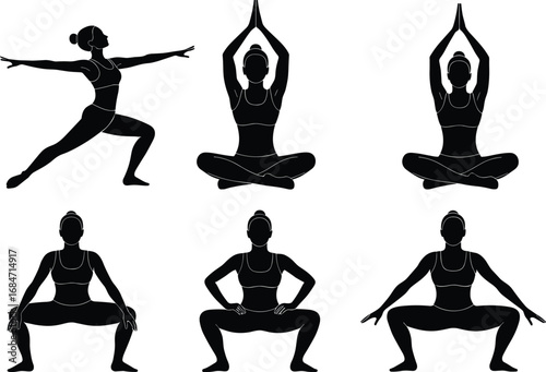 A vector set of various yoga poses and exercises for health, fitness, meditation, and wellness-related graphic design projects.