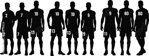 A diverse lineup of male football players silhouettes with team numbers, for soccer, sports, and athletic graphic design content.