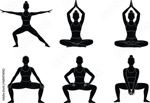 A vector set of various yoga poses and exercises for health, fitness, meditation, and wellness-related graphic design projects.