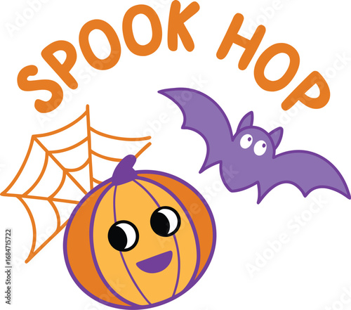 Vector art of cute cartoon pumpkin and bat with text spook hop