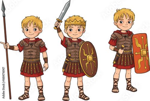 Cartoon Roman soldier kids, ancient warrior costume, gladiator armor, historical characters, medieval weapons, cute children illustration, fantasy battle scene, Roman Empire theme, vector art