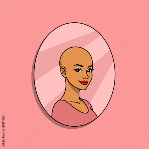 A beautiful bald woman is seen through a mirror hanging on a pink wall. Perfect for celebrating Bald is Beautiful Day on September 13th.