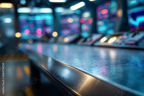 Wallpaper Mural Smooth metal control room desk surface with blurred monitors in the background, symbolizing technology and monitoring. Torontodigital.ca