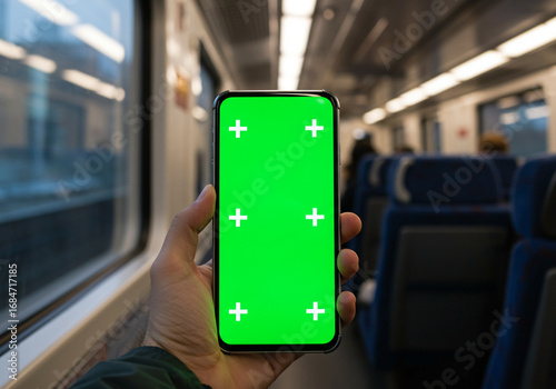 Wallpaper Mural Hand holding smartphone with green screen on a train, perfect for mobile app mockups Torontodigital.ca