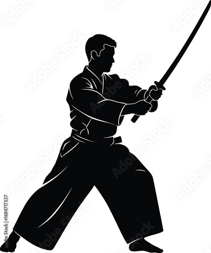 Silhouette of a warrior wielding a sword, embodying strength, discipline, and japanese tradition