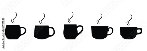 Coffee cup icon set. Cups of coffee tea collection. Hot drink icon. Disposable cup. Cup coffee with steam. Coffee cup flat icons on white background. 