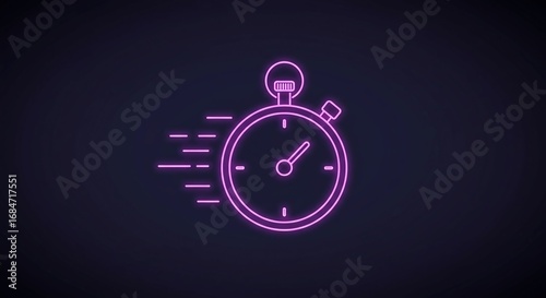 Dynamic neon stopwatch icon streaks across a dark background, symbolizing speed, efficiency, and timely action in modern business and technology