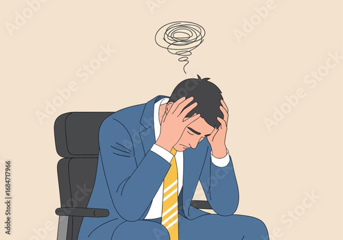 An illustration portrays a businessman overwhelmed by stress and burnout, his chaotic thoughts visualized as a tangled scribble above his head.