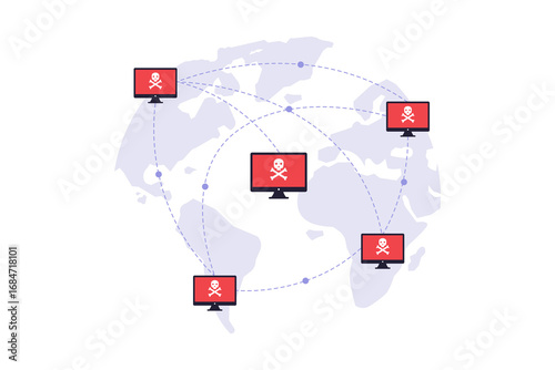 Cyberwarfare and Global Cyber Attack Illustration. A Network of Infected Computers Worldwide, Highlighting the Threat of International Digital Conflict and Hacking. Vector Flat Illustration