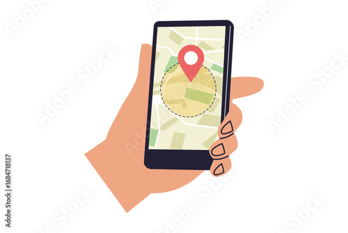 Geofencing and Location-Based Technology Illustration. A Hand Holding a Smartphone Displaying a Map with a Virtual Boundary, Highlighting Location Tracking and Service. Vector Flat Illustration