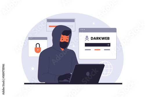 Hackers Browsing the Dark Web and Deep Web. An Illustration of a Cybercriminal Accessing a Private Network to Steal Sensitive Data and Perform Illegal Activities. Vector Flat Illustration