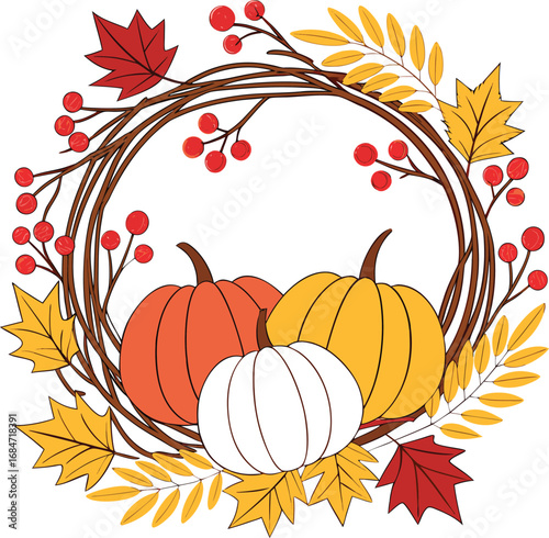 Vector art of autumn wreath with pumpkins, red berries, and colorful fall leaves