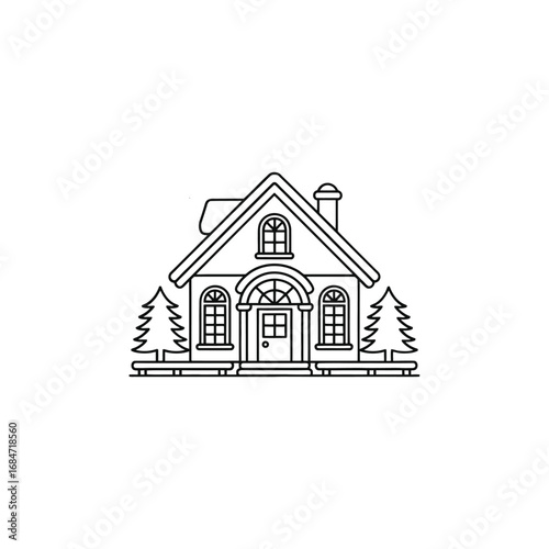 Simple outline drawing of a charming traditional house with a steep roof and trees
