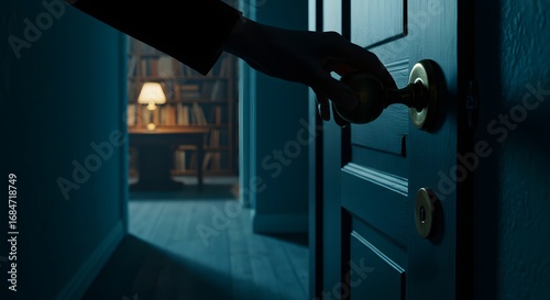 Mysterious hand turning a doorknob, revealing a hidden, shadowy interior