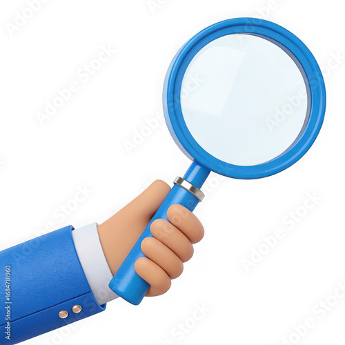 Cartoon hand in blue suit holding magnifying glass exploring for information investigation search discovery transparent background