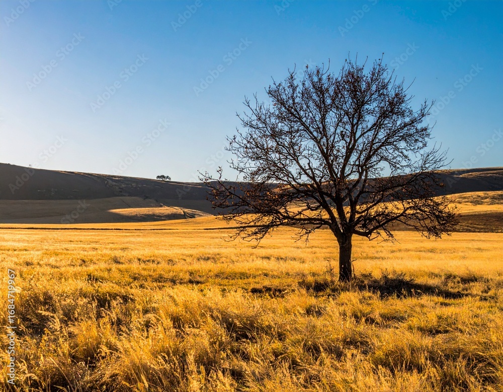 Fototapeta premium Solitary bare tree stands tall in golden sunlit grassy field under clear blue sky