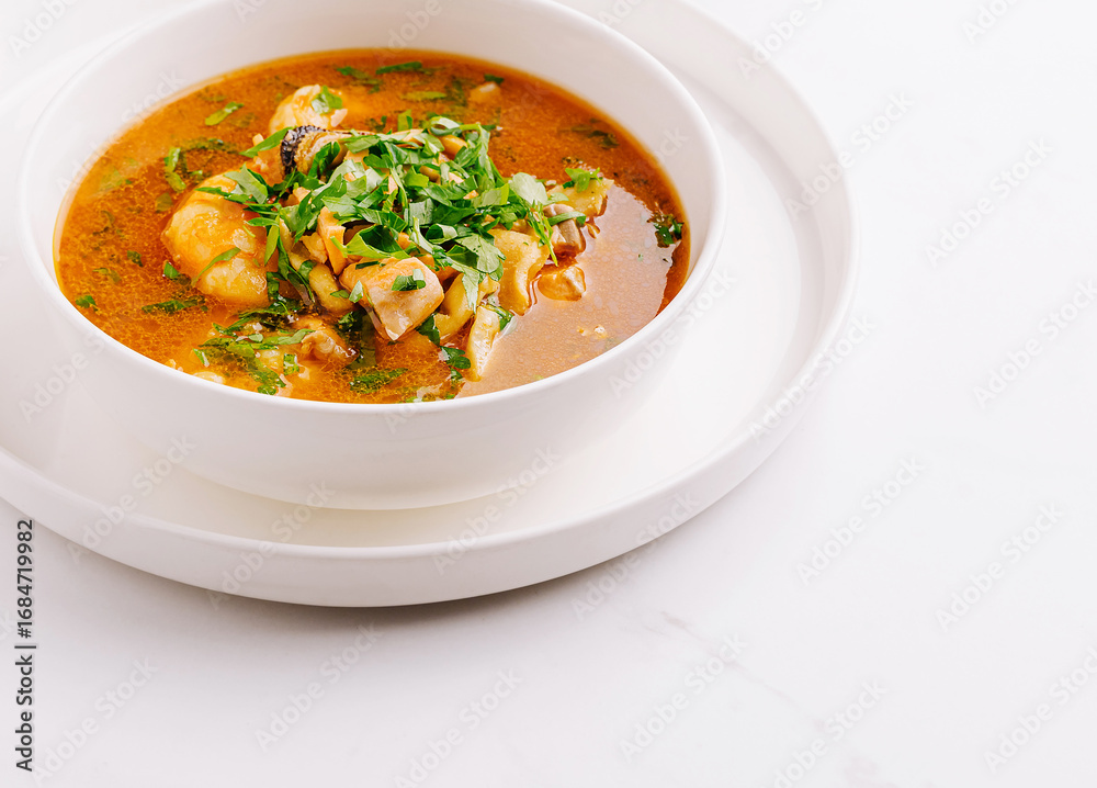 Delicious seafood soup garnished with fresh herbs on a white plate Delicious seafood soup garnished with fresh herbs on a white plate